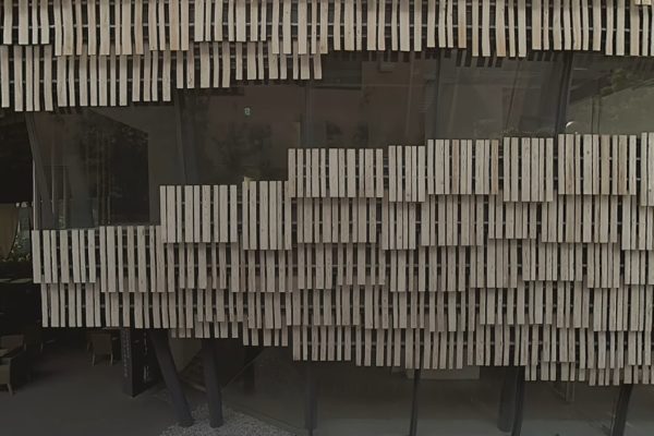 Kengo Kuma Immersive Collection Vol. 1 (C05・プラザの天井同様、幅の異なる4つのユニットパターンを組み合わせ、下見板貼り状の構成としています。ユニットごとに長さも変えることで、有機的で柔らかい表情ができました。
・外壁は右側（北）が垂直ですが、左側（南）にかけて足元がくびれるような斜め壁となっており、庭園への流れを作っています。
・杉板は不燃注入処理の上、木質保護塗料（クリアに白を混ぜたもの）を塗布しています。
- Like the ceiling of the plaza, it combines four unit patterns with different widths and has a lower-view board-like configuration. By changing the length of each unit, we were able to create an organic and soft look.
- The outer wall is perpendicular to the right side (north), but it is an oblique wall that makes the foot shake toward the left side (south), and it creates a flow to the garden. 
- After the non-combustible injection process, cedar plate is applied with wood protective paint (clearly mixed with white).)